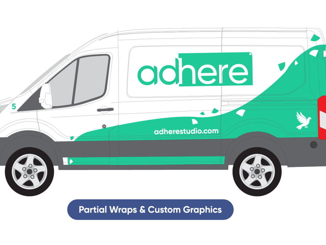White cargo van with vinyl accent graphics in mint green