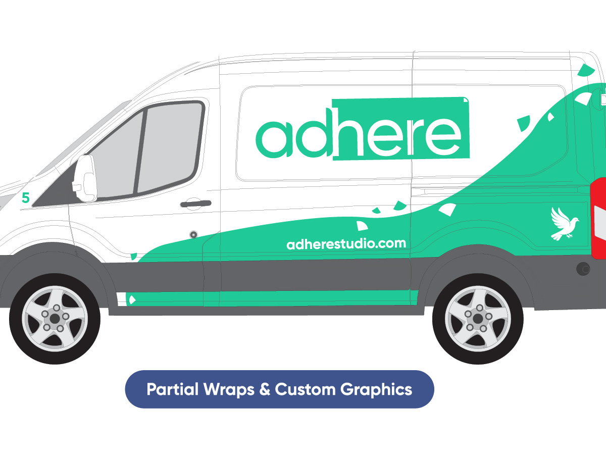 White cargo van with partial wrap and custom mint green graphics